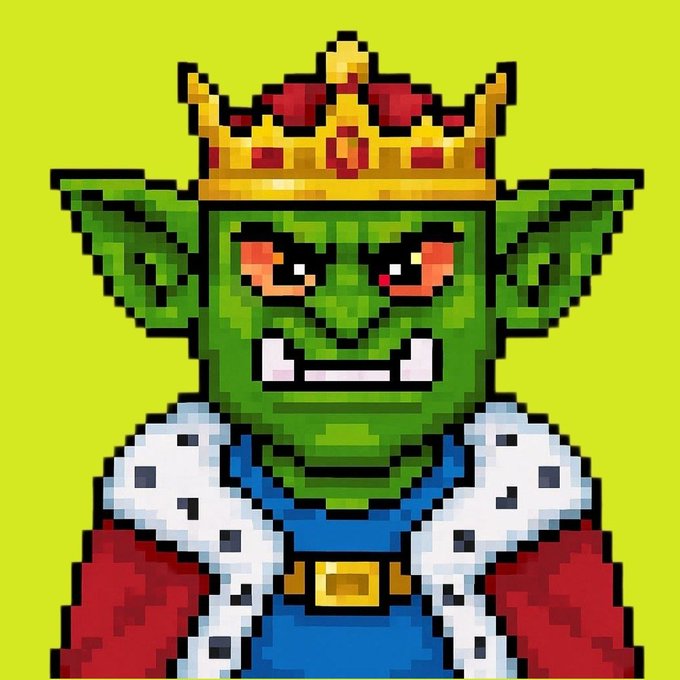 Pixel art illustration of a green goblin-like character wearing a gold crown with red gems and a royal blue robe with a white fur collar and gold belt buckle, against a lime green background.