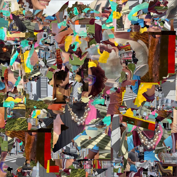 A dense collage of fragmented, colorful images featuring scattered photographs, including people, streets, and abstract shapes, arranged in a chaotic grid-like composition.
