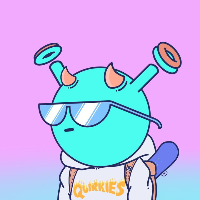 A cartoon illustration of a teal, round alien-like character wearing sunglasses, a hoodie reading 'QUIRKIES,' and holding a skateboard, set against a purple and blue gradient background.