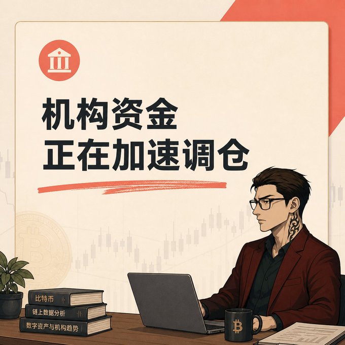 An illustrated graphic with Chinese text '机构资金正在加速调仓' (Institutional funds are rapidly adjusting positions), showing a tattooed man at a laptop with cryptocurrency and finance-themed books.