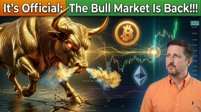 A YouTube-style thumbnail with text 'It's Official: The Bull Market Is Back!!!' showing a golden mechanical bull breathing fire, cryptocurrency symbols (Bitcoin, Ethereum), a price chart, and a man in an orange shirt.