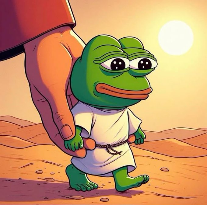 A cartoon illustration of a sad green frog wearing a white robe walking through a desert landscape while being carried by a giant human hand, with a bright sun in the sky.