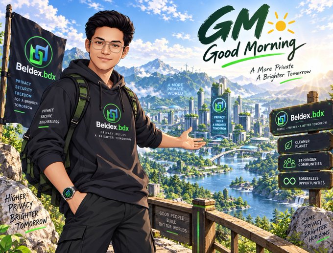 A promotional poster featuring a young man in 'Beldex.bdx' branded clothing next to 'GM Good Morning' text and a futuristic eco-city background.