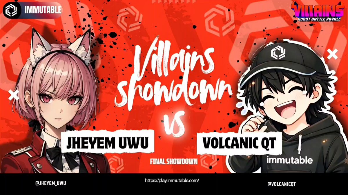 The image features a poster or banner that displays two cartoon characters from different game series against each other. The text " Villains Showdown vs. Volcanic Q" is written above the characters' heads, indicating the theme of the competition between these two game characters. The poster also includes a link to the game's website for more information about the game and its challenges.