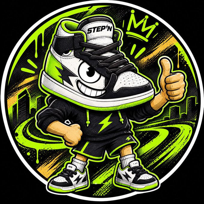 A cartoon sticker graphic featuring an anthropomorphic sneaker character wearing a STEP'N branded shoe, a black hoodie with a green lightning bolt, giving a thumbs-up against a graffiti-style neon green circular background.