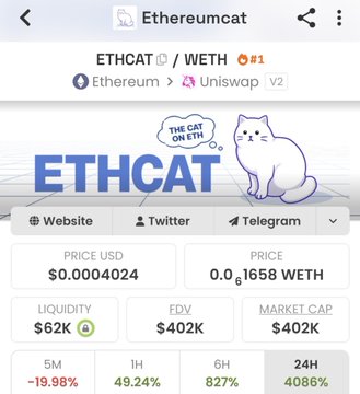 Ethereumcat (ETHCAT/WETH) token page showing a price of $0.0004024 with a 24H gain of 4086%, FDV of $402K, and brand imagery of a cartoon white cat with 'THE CAT ON ETH' slogan.