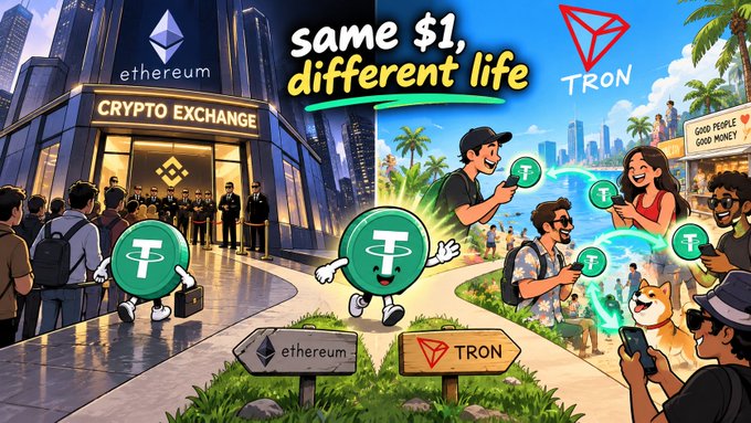 A split-screen cartoon comparison contrasting Ethereum and TRON, showing Ethereum's crypto exchange on the left versus TRON's sunny outdoor scene on the right, with Tether (USDT) coins walking between them and the text 'Same $1, different life'.
