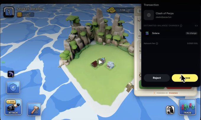 A screenshot of the "Clash of Perps" mobile game shows a player on a small island with a pending blockchain transaction prompt from clashofperps.fun on the Solana network, requiring user approval. The game's interface displays "seeker beater" as the player name, with options to Reject or Approve the transaction requiring only a 0.0001 SOL network fee, connecting to the tweet's mention of Clash of Perps powered by Phoenix and Solana via Solflare.