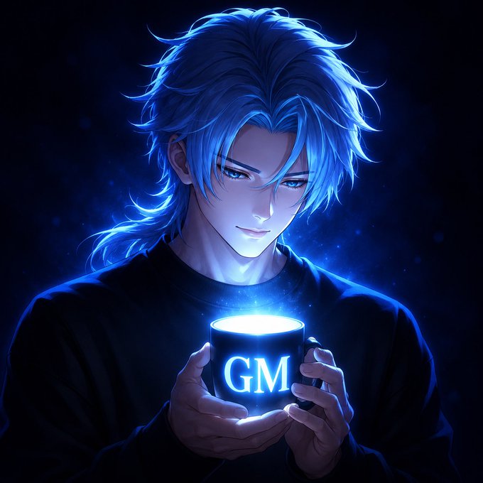 An anime-style character with glowing blue hair holds a luminous mug displaying "GM" in bright text against a dark, starlit background, visually representing the crypto greeting "Gm" paired with an NFT theme.