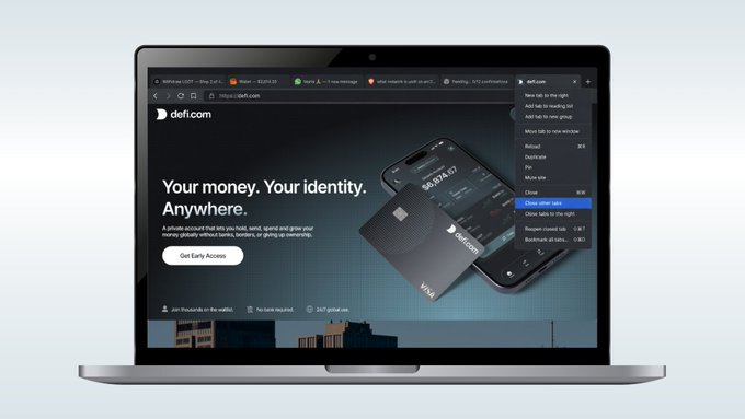 The image shows a laptop displaying the defi.com website with the tagline "Your money. Your identity. Anywhere." alongside an image of a crypto card, while a browser extension menu in the top right shows options like "Send," "Close other tabs," and "Bookmark defi.com." This illustrates the accompanying post's message about simplifying payments—where defi.com's browser extension consolidates multi-tab crypto transactions (chains, networks, confirmations) into a single streamlined action.
