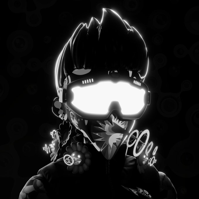 A dark, stylized digital illustration of a character wearing a spiked mask and glowing white VR-style goggles with floral accents.