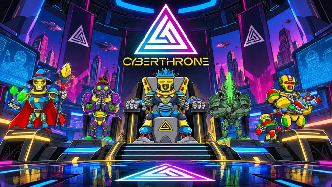 A colorful, neon-lit digital illustration for 'CYBERTHRONE', showing five diverse, robotic characters standing on platforms in a futuristic arena with a city skyline backdrop.