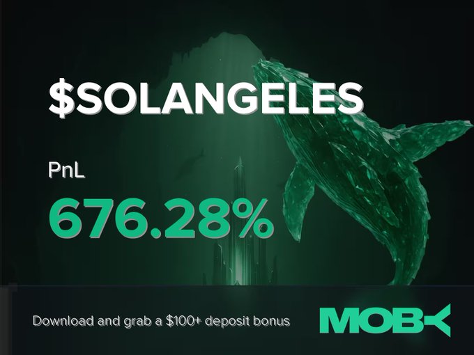 The image is a promotional win alert graphic from Moby Mobile, featuring the ticker **$SOLANGELES** alongside a PnL of **676.28%** in bold green text, set against a dark underwater scene with a whale tail. A whale emerging alongside the stats visually reinforces the "whale-sized gains" highlight of the post, which notes that a trader closed a $SOLANGELES position with a massive profit and that the token has trended on Moby since reaching a $1.02M market cap, now at $3.2M.