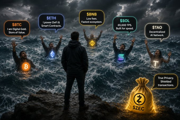 The image features a man standing on a rock, with a group of people surrounding him who are drowning in the ocean. The man has a bag of gold sitting next to him, which appears to be a symbol for Bitcoin. The scene depicts a market where Bitcoin is being threatened by a group of people drowning in the water, and the man is trying to save them using his Bitcoin. The post also mentions that there are five different types of cryptocurrency represented in the image, including Bitcoin, Etherium, Bitcoin Cash, Ripple, and Litecoin.