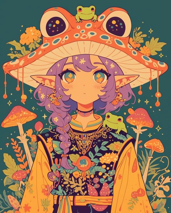 An anime-style illustration of a character with purple hair, pointed ears, and starry eyes wearing a large frog-shaped hat, surrounded by mushrooms and frogs in a colorful, whimsical scene.