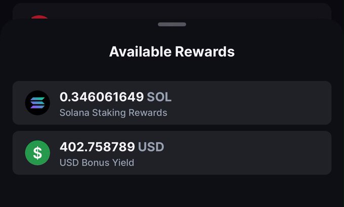 A dark-themed "Available Rewards" screen showing 0.346061649 SOL in Solana Staking Rewards and 402.758789 USD in USD Bonus Yield.