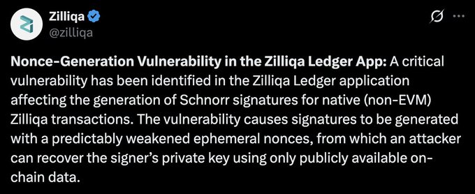 This image shows a tweet from Zilliqa detailing a critical nonce-generation vulnerability in their Ledger app that allows private key recovery. This is a serious flaw impacting Zilliqa transactions and Ledger integration, as also indicated by the accompanying post.