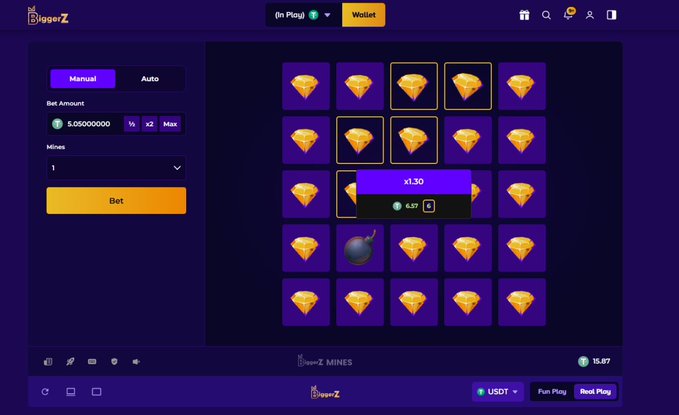 A screenshot of the BiogexZ crypto gambling game 'MINES' showing a 5x5 grid with diamond tiles and a bet of 5.05 USDT.