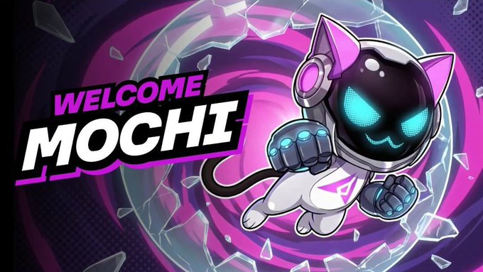 The image features the text "WELCOME MOCHI" alongside a cartoon black cat with glowing blue eyes, wearing futuristic headphones and appearing to leap dynamically against a purple shattered glass background. This serves as a promotional introduction graphic for "Mochi," matching the post's context where the user discusses their desired features and interaction style for an educational tool called Mochi.