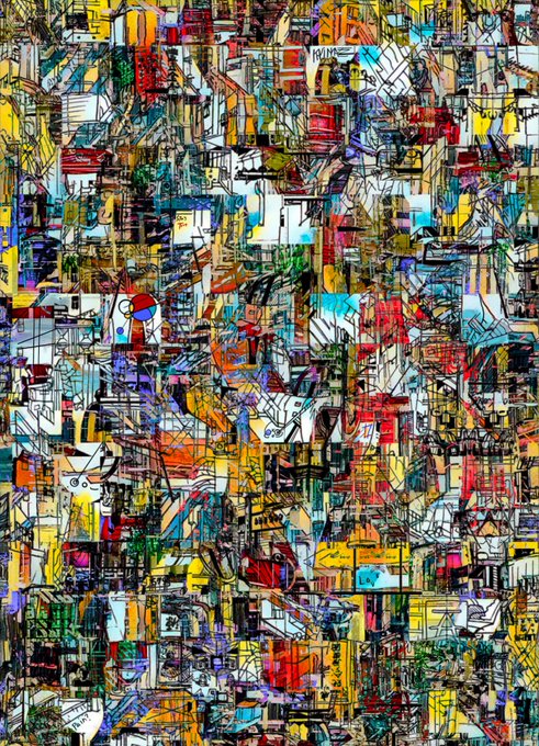 A vibrant, chaotic abstract digital artwork composed of densely layered geometric shapes, lines, and a riot of colors (yellows, reds, blues, blacks), fitting the title "Structural Hegemony" on objkt.com. The piece's dense, almost architectural complexity of overlapping urban-like motifs visually echoes the concept of structural dominance and layered systems implied by the title.