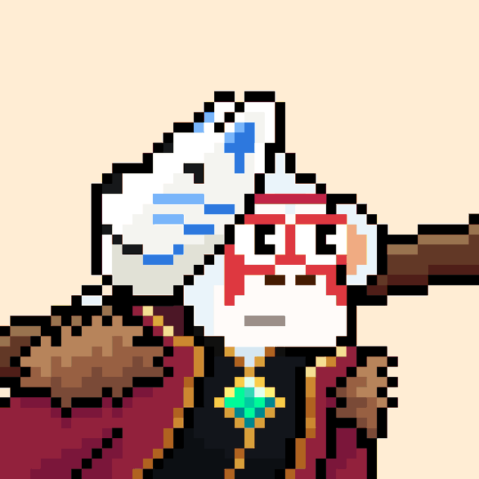 A pixel art illustration of a wizard with a white beard, red robes, and a pointed hat holds a wooden staff.