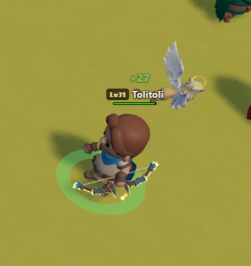 A screenshot from a mobile game showing a character named 'Lv31 Toitotoi' with a winged companion, displaying a +27 indicator above them on a green field.