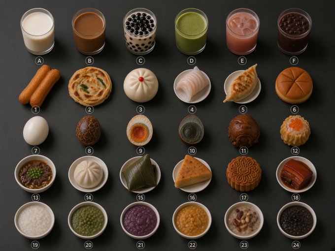 A grid displaying various Asian food and drink items labeled A-F and 1-24, including bubble tea, dumplings, bao, mooncakes, and rice dishes arranged on a black surface.