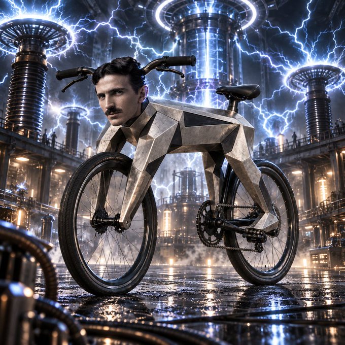 Surreal digital artwork of Nikola Tesla's head merged with a faceted metallic bicycle body, set against a dramatic backdrop of Tesla coils and electric lightning.