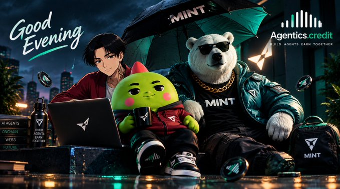 A promotional banner for "Agentics.credit" reading "Good Evening" and "BUILD AGENTS EARN TOGETHER," featuring an anime-style character, a white bear wearing sunglasses and a "MINT" jacket, and a green mascot character with a laptop, set against a city night backdrop.