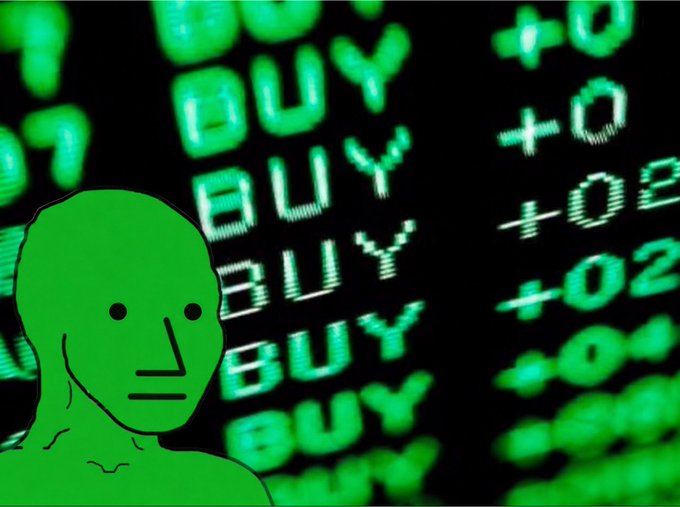 A cartoon illustration of a minimalist green figure with a neutral expression standing in front of a green digital stock ticker displaying 'BUY' and positive numbers.