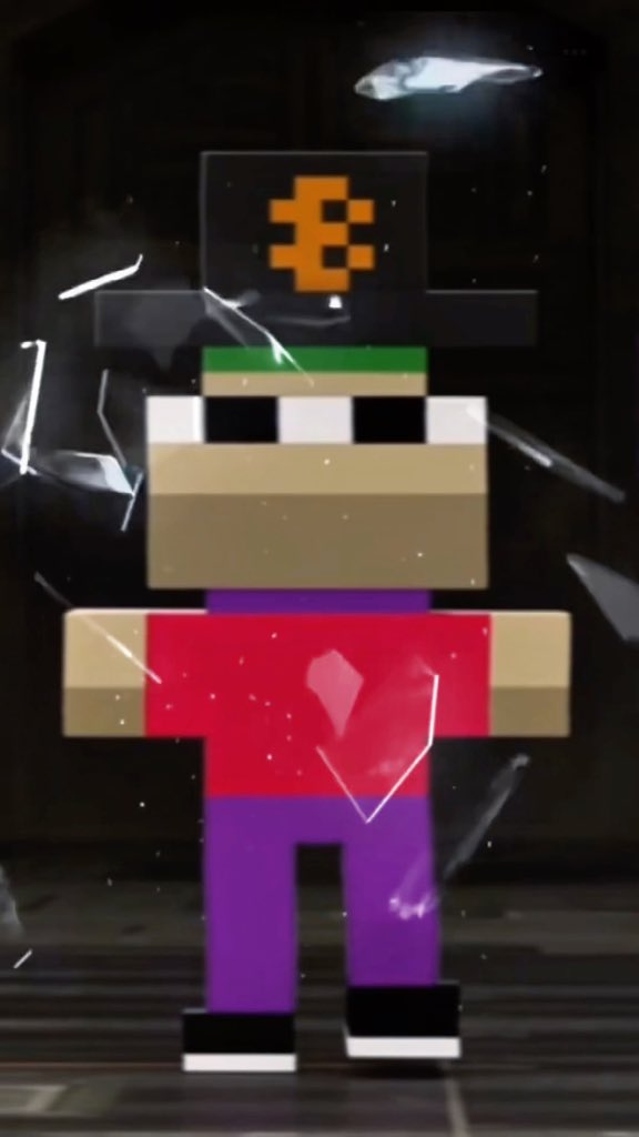 A pixelated/blocky character figure resembling Waluigi wearing a black top hat with an orange symbol, sunglasses, and a red and purple outfit, displayed behind shattered glass.