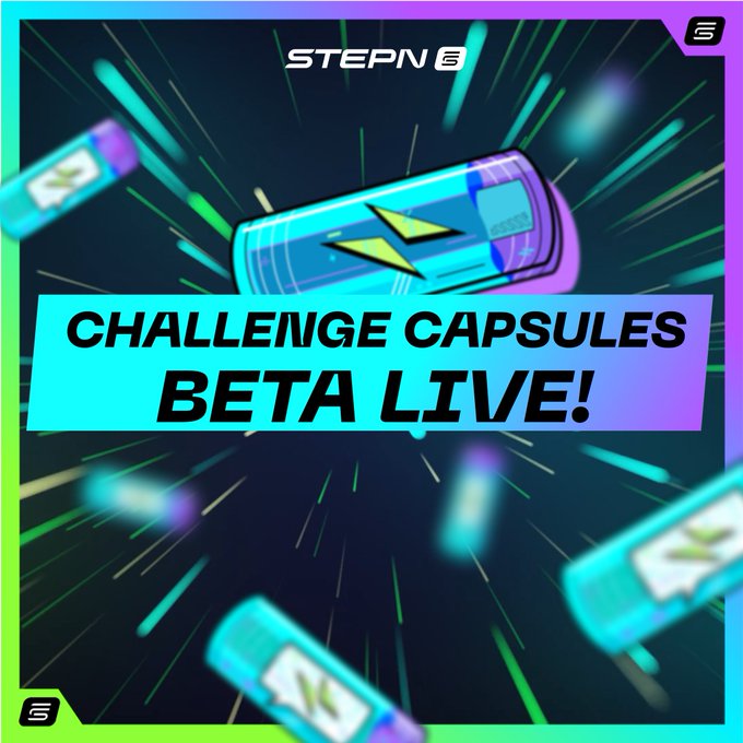 The image features an advertisement for a beta live event, with a blue and purple background that has a bunch of energy drink cans scattered throughout it. The text "Challenge Capsules Beta is now LIVE on STEPN & STEPN GO 500 selected challengers are getting the first access to test our newest feature until June 8am UTC". This suggests that there's an upcoming beta live event where participants can try out new challenges and possibly win a prize by entering their responses into the contest.