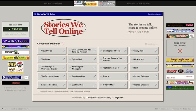 Screenshot of the 'Stories We Tell Online' exhibition directory page with various exhibitions listed including 'Visual Voice', 'Dear Guests, Will You Take My Picture?', 'Disintegrated Posts', and others, presented by TSG (The Second Guess).