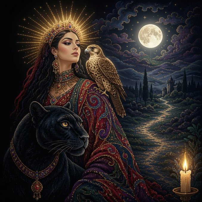 An ornate illustration of a woman wearing a jeweled crown and patterned shawl, accompanied by a black panther and falcon, set against a night landscape with a full moon.