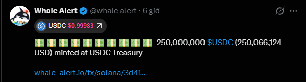 A screenshot of a tweet from the verified account @whale_alert, posted 6 hours ago, reporting that 250,000,000 $USDC (250,066,124 USD) was minted at USDC Treasury.