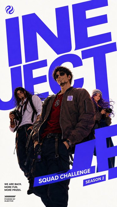 A bold promotional poster featuring three stylized characters with cameras, dominated by large purple text reading "INJECT" alongside "SQUAD CHALLENGE" and "SEASON 2," with smaller text "WE'RE BACK. MORE FUN. MORE PRIZES." and "TRIGGERED BY INJECTIVE," matching the announcement for the Injective Squad Challenge Season 2.