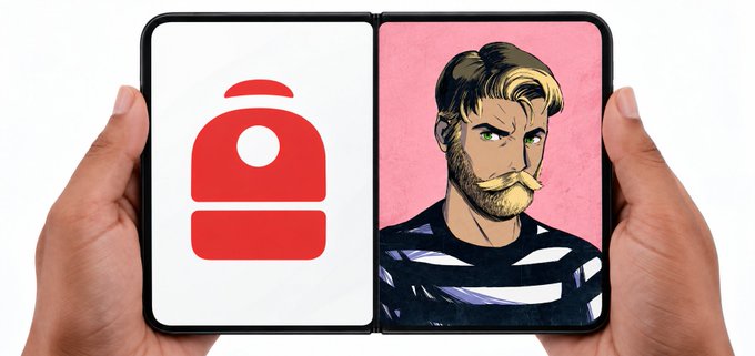 Foldable smartphone held by two hands displaying a red icon on one screen and a comic-style illustration of a mustachioed man on the other.