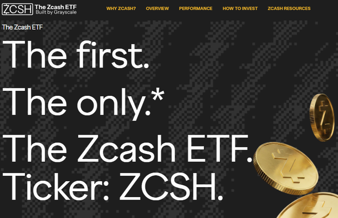 The image is a promotional banner for "The Zcash ETF" (ZCASH), with the navigation menu showing options like "WHY ZCASH?" and "HOW TO INVEST." Bold text declares it as "The first. The only.* The Zcash ETF. Ticker: ZCSH," accompanied by golden Zcash coins on the right.

The image visually supports the post by showcasing Grayscale's new ZCSH ETF product, which aligns with the announcement about their Chief Legal Officer Craig Salm's work in identifying assets like Zcash and building investment vehicles to expand institutional access to the cryptocurrency.