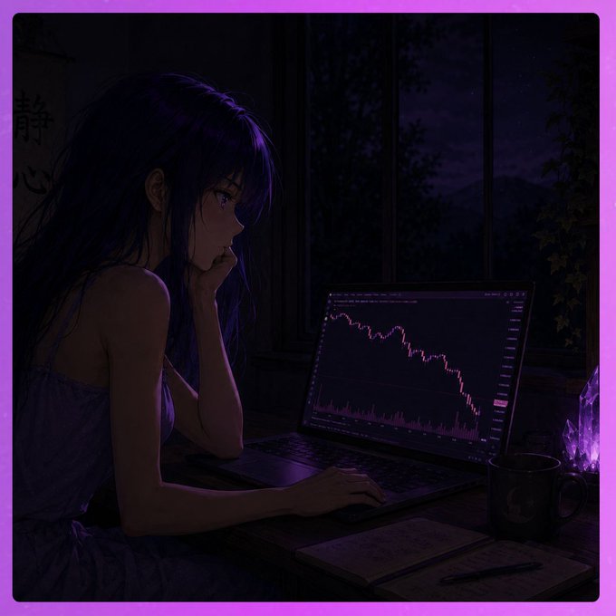 An anime-style illustration shows a girl with long dark hair sitting at a desk in a purple-lit room, looking at a stock chart on her laptop.