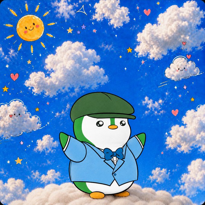 A cheerful cartoon penguin wearing a green flat cap and blue suit with a bow tie, standing among fluffy clouds with a smiling sun and hearts in a blue sky.