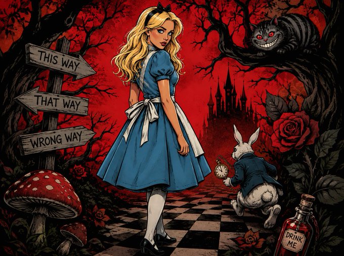 Alice stands at a crossroads in Wonderland, confronted by signs reading "THIS WAY," "THAT WAY," and "WRONG WAY," alongside the Cheshire Cat, the White Rabbit holding a pocket watch, a "DRINK ME" bottle, and red roses. The dark, dreamlike illustration perfectly embodies the "Mad Dream" title, capturing the surreal, chaotic spirit of Alice's twisted journey down the rabbit hole.
