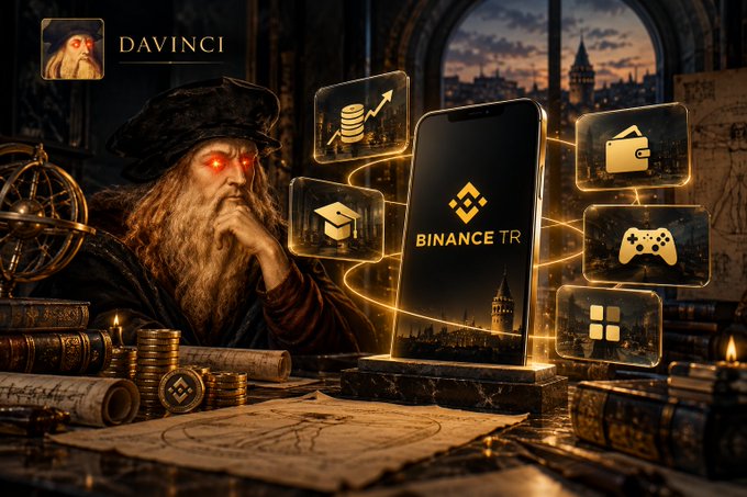 An advertisement labeled 'DAVINCI' shows a Leonardo da Vinci-like figure alongside a glowing smartphone displaying 'BINANCE TR' with surrounding icons for money, education, gaming, and wallet features.