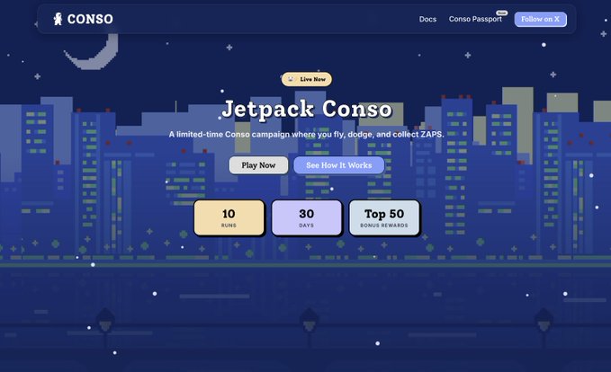 A website landing page for a crypto game called "Jetpack Conso" on the "CONSO" platform, advertising a campaign where players "fly, dodge, and collect ZAPS" over 30 days.