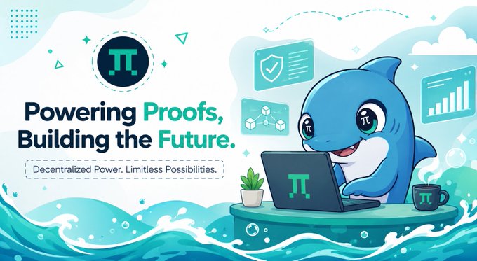 A bright illustration featuring a cartoon dolphin at a laptop with a pi symbol, alongside the text 'Powering Proofs, Building the Future' and 'Decentralized Power. Limitless Possibilities.'