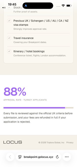 A mobile screenshot of the Locus website (breakpoint.golocus.xyz) showing requirements including "Stock / Further proof of assets," "Previous UK / Schengen / US / AU / CA / NZ visa stamps," "Travel insurance," and "Itinerary / hotel bookings," with an "88% APPROVAL RATE - TURKEY APPLICANTS" statistic.