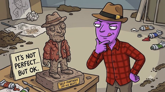 A purple cartoon character in a brown fedora and red plaid shirt contemplates his self-portrait sculpture with a sign reading "IT'S NOT PERFECT... BUT OK." alongside a plaque labeled "SELF-PORTRAIT (AT HIS BEST)." The messy art studio scene, with paint tubes and clay scattered about, reinforces the post's message that imperfection and hesitation in showing up doesn't mean being broken—just human.