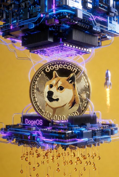 A futuristic 3D rendering of a gold Dogecoin coin on a glowing circuit board platform labeled "DogeOS," with a rocket launching in the background.