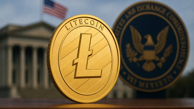 A gold Litecoin (LTC) coin is prominently displayed in the foreground, with the U.S. Treasury building and Securities and Exchange Commission (SEC) seal visible in the background, visually tying the cryptocurrency to U.S. financial regulation. The image accompanies news of Litecoin's upcoming 2027 halving, where block rewards will be cut in half from 6.25 to 3.125 LTC.
