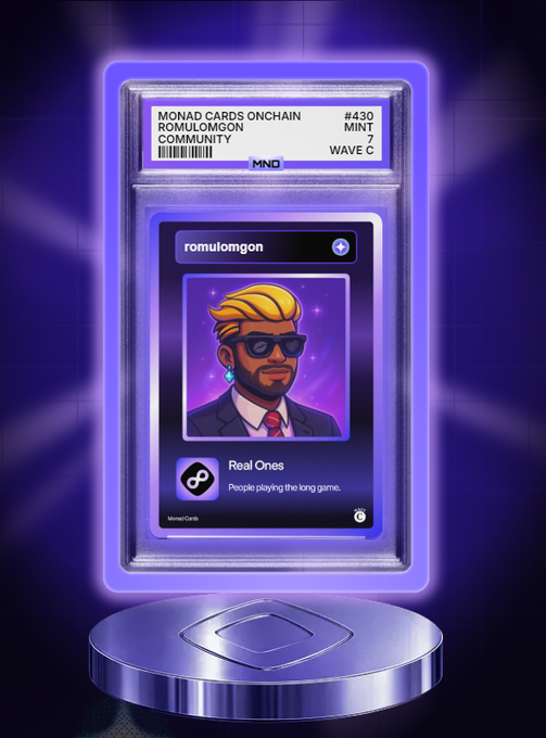 A digital trading card from 'MONAD CARDS ONCHAIN' featuring a cartoon character named 'romulomogon' wearing sunglasses and a suit, categorized under 'Real Ones' with the motto 'People playing the kong game.'