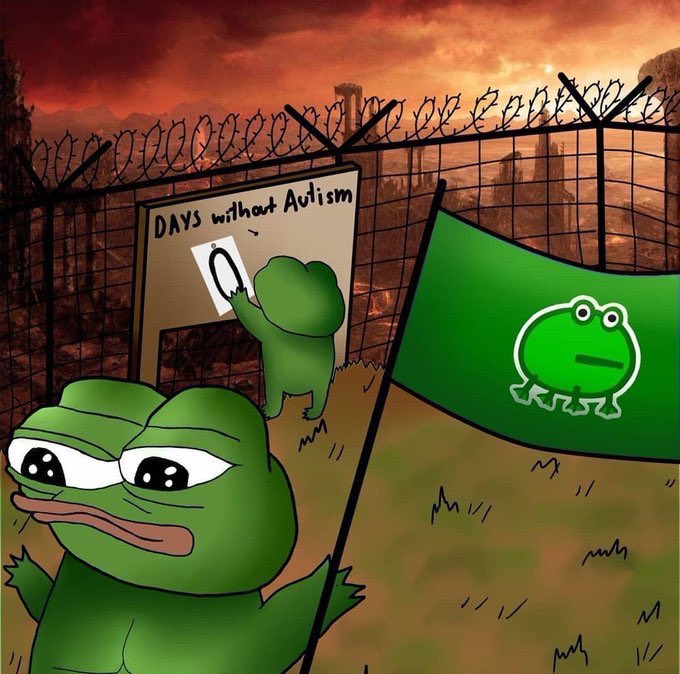 A meme featuring Pepe the Frog standing in front of a barbed wire fence with a 'DAYS without Autism' sign showing '0', set against a fiery apocalyptic background with a green flag displaying the Pepe logo.